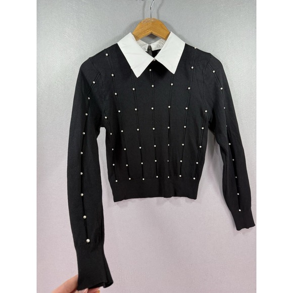 Sweaters - On 12th Crisp White Pointed Lapel Collar Black Knit Sweater Dark Academia Gothic
